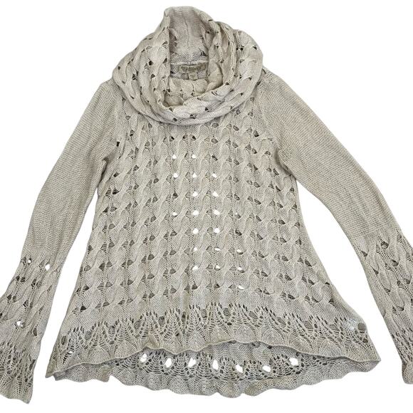 Nine West Sz M Tan Open Cable-knit Cowl Neck Sweater With Bell Sleeves Fairy - Picture 8 of 16